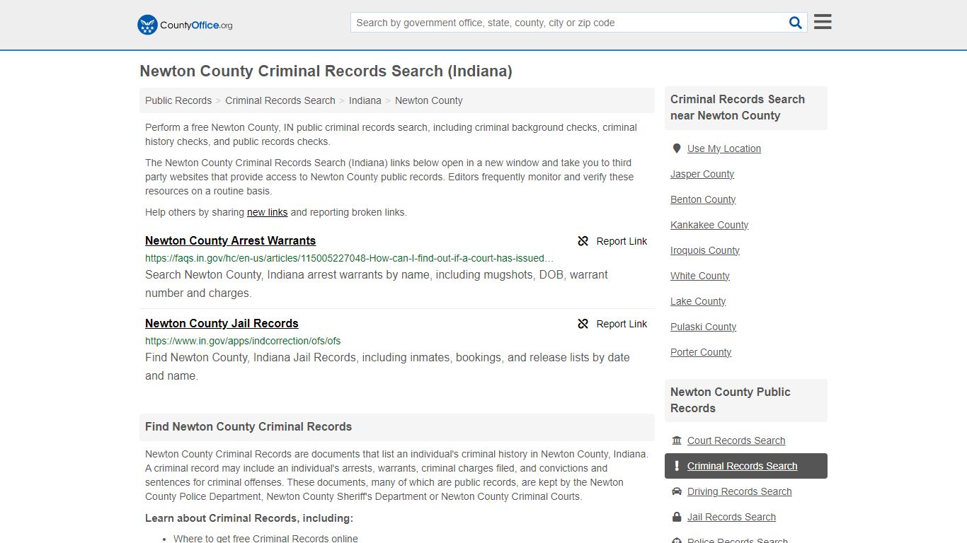 Newton County Criminal Records Search (Indiana) - County Office